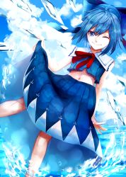 Rule 34 | 1girl, adapted costume, bad id, bad pixiv id, blue eyes, blue hair, blue sky, blue theme, cirno, cloud, hair ribbon, highres, ice, ice wings, looking at viewer, navel, neck ribbon, one eye closed, ribbon, sailor collar, short hair, skirt, sky, smile, sofy, solo, touhou, water, wings