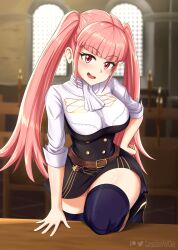 Rule 34 | 1girl, artist name, ascot, belt, black thighhighs, blush, breasts, brown belt, buttons, canadiananiguy, commentary, english commentary, fire emblem, fire emblem: three houses, garreg mach monastery uniform, hand on own hip, hilda valentine goneril, indoors, large breasts, long hair, looking at viewer, nintendo, open mouth, patreon logo, pink eyes, pink hair, sleeves rolled up, smile, solo, table, thighhighs, thighs, twintails, twitter logo, uniform, very long hair, white ascot