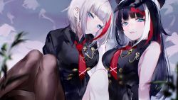 Rule 34 | 2girls, admiral graf spee (girl&#039;s sunday) (azur lane), azur lane, bare shoulders, black hair, black jacket, black shirt, blue eyes, buttons, character request, collared shirt, double-breasted, fishnet legwear, fishnets, hat, highres, jacket, long hair, looking at viewer, mile (off8mile), multicolored hair, multiple girls, necktie, pantyhose, parted lips, red necktie, shirt, sitting, sleeveless, sleeveless shirt, smile, streaked hair, unmoving pattern, white hair, wing collar