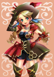 Rule 34 | 1girl, bike shorts, bike shorts under skirt, blonde hair, earrings, gloves, green eyes, hand on own hip, hat, hip focus, jewelry, long hair, myriam, myriam (saga), necklace, pink background, romancing saga, romancing saga minstrel song, saga, shorts, shorts under skirt, skirt, smile, solo, thighhighs, twintails, zaido