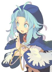 Rule 34 | 1girl, blue eyes, blue hair, blush, capelet, hood, hoop, jewelry, kumoi ichirin, long sleeves, looking away, matching hair/eyes, morino hon, open mouth, ring, short hair, simple background, smile, solo, touhou, upper body, white background, wide sleeves