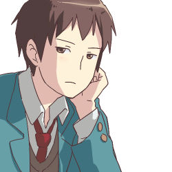 Rule 34 | 1boy, a-ka, blazer, brown eyes, brown hair, buttons, closed mouth, collared shirt, commentary, green jacket, hand on own face, jacket, kita high school uniform, kyon, looking at viewer, lowres, necktie, red necktie, school uniform, shirt, short hair, simple background, solo, suzumiya haruhi no yuuutsu, upper body, white background, white shirt