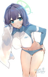 Rule 34 | 1girl, absurdres, blue archive, blue eyes, blue hair, green halo, halo, happy birthday, highres, long sleeves, looking at viewer, mayusaki yuu, navel, saki (blue archive), saki (swimsuit) (blue archive), short hair, simple background, solo, towel, water drop, wet, white background