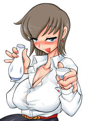 Rule 34 | alcohol, blue eyes, blush, bra strap, breasts, brown hair, cleavage, drunk, earrings, jewelry, large breasts, nail polish, necklace, open collar, open mouth, religious offering, ring, sake, wedding ring