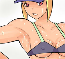Rule 34 | 1girl, armpits, bare shoulders, bikini, breasts, covered erect nipples, hat, hot, leaning back, looking at viewer, nervous sweating, original, parted lips, red eyes, saberrung, sidelocks, signature, simple background, sketch, sport girl (saberrung), string bikini, sweat, swimsuit, turning head, underboob, very sweaty, visor, wet, white background