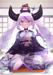 Rule 34 | 1girl, animal, animal on head, bird, bird on head, black choker, blush, character print, choker, closed mouth, commentary request, crow (la+ darknesss), demon horns, hair between eyes, highres, hololive, horns, indoors, japanese clothes, kimono, kneeling, la+ darknesss, la+ darknesss (new year), long hair, long sleeves, looking at viewer, obi, on head, pointy ears, print kimono, sash, self character print, silver hair, sleeves past fingers, sleeves past wrists, smile, solo, tail, tail raised, takuan (mo55ilst), twintails, very long hair, virtual youtuber, yellow eyes