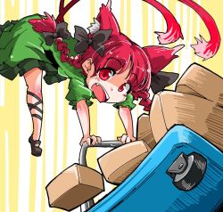 Rule 34 | 1girl, animal ears, bow, box, braid, cart, cat ears, cat tail, hair bow, kaenbyou rin, multiple tails, open mouth, red eyes, red hair, ribbon, shinapuu, short hair, smile, solo, tail, touhou, twin braids