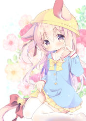 Rule 34 | 1girl, animal ear fluff, animal ears, arm up, azur lane, bell, blue shirt, blush, cat ears, cat girl, cat tail, clothes lift, floral background, flower, fukaya rin, hand on own face, hat, highres, jingle bell, kindergarten uniform, kisaragi (azur lane), lifted by self, long hair, looking at viewer, pink eyes, pink hair, ribbon, school hat, shirt, sitting, skirt, skirt lift, solo, tail, tail ornament, tail ribbon, thighhighs, thighs, white thighhighs, yellow hat, yellow skirt