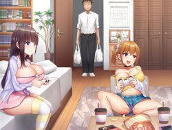 Rule 34 | 1boy, 2girls, bag, bed, black hair, blush, bookshelf, breast hold, breasts, calendar (object), chips (food), choker, cleavage, controller, cup, dress, food, game console, game controller, hair between eyes, highres, holding, holding controller, huge breasts, indoors, jacket, kazuha, large breasts, legs, light brown hair, long hair, mesu ana futago saimin: namaiki gimai wa ore no iinari, midriff, milk pot, multiple girls, nail polish, navel, off-shoulder jacket, off shoulder, on bed, open mouth, original, partially visible vulva, pillow, pink eyes, plant, playing games, playstation 5, playstation controller, potato chips, purple eyes, pussy, short shorts, shorts, side ponytail, sitting, spread legs, standing, striped legwear, thighhighs, thighs, unbuttoned, upshorts