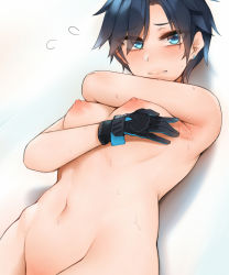 Rule 34 | 1girl, arm under breasts, armpits, bababababan, bad id, bad pixiv id, bare shoulders, bikini, black gloves, black hair, black survival, blue eyes, blue hair, blush, breasts, checkered bikini, checkered clothes, commentary, completely nude, cowboy shot, earrings, flying sweatdrops, gloves, highres, jewelry, looking at viewer, lying, medium breasts, multicolored hair, navel, nipples, nude, on back, out-of-frame censoring, short hair, silvia piquet, solo, stomach, sweat, swimsuit, two-tone hair