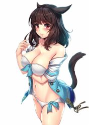 Rule 34 | 10s, 1girl, animal ears, aruma jiki, bandeau, bare shoulders, bikini, black hair, breast hold, breasts, buttons, cat ears, cat tail, cleavage, closed mouth, cowboy shot, facial mark, final fantasy, final fantasy xiv, jacket, large breasts, looking at viewer, miqo&#039;te, navel, off shoulder, open clothes, open jacket, red eyes, shiny skin, short sleeves, side-tie bikini bottom, simple background, smile, solo, stomach, strapless, swimsuit, tail, warrior of light (ff14), whisker markings, white background, white bikini