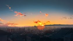 Rule 34 | absurdres, banishment, building, city, city lights, cityscape, cloud, commentary request, highres, horizon, lens flare, no humans, original, scenery, sky, sun, sunset