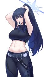 Rule 34 | 1girl, absurdres, arms up, bare arms, bare shoulders, belt, black shirt, blue archive, blue eyes, blue pants, breasts, bsm (nerdmin), commentary request, cowboy shot, crop top, highres, large breasts, leggings, long hair, looking at viewer, midriff, mouth hold, navel, no headwear, pants, ponytail, saori (blue archive), shirt, sleeveless, sleeveless shirt, solo, standing, stomach, thighs, tying hair, very long hair