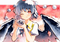 Rule 34 | 1girl, bird wings, black hair, black wings, blush, camera, closed mouth, collared shirt, feathered wings, hat, highres, holding, holding camera, looking at viewer, one eye closed, pom pom (clothes), puffy short sleeves, puffy sleeves, qqqrinkappp, red eyes, red hat, shameimaru aya, shirt, short hair, short sleeves, smile, solo, tokin hat, tongue, tongue out, touhou, traditional media, upper body, white shirt, wings