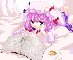 Rule 34 | 1girl, bad id, bad pixiv id, barefoot, book, crescent, dress, female focus, hat, lying, patchouli knowledge, poprication, purple eyes, purple hair, solo, touhou