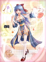 Rule 34 | 1girl, :3, angeling, arch bishop (ragnarok online), black footwear, blue dress, blue eyes, blue hair, blush, bow, breasts, cleavage, cleavage cutout, clothing cutout, commentary request, cross, dated, dress, frilled thighhighs, frills, full body, hair between eyes, hair bow, halo, high heels, highres, juliet sleeves, lanmei jiang, long hair, long sleeves, looking at viewer, medium bangs, medium breasts, musical note, open mouth, pelvic curtain, plaid, plaid background, pointy ears, puffy sleeves, ragnarok online, red bow, sash, signature, slime (creature), smile, solo, standing, standing on one leg, thighhighs, two-tone dress, white dress, white thighhighs, white wings, wings, yellow background, yellow halo, yellow sash