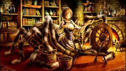 Rule 34 | 1girl, arachne, arthropod girl, artist request, basket, blouse, bodice, book, bookshelf, bottle, brown hair, candle, candlestand, chalice, cover, cover page, crate, cup, dishes, dragon&#039;s crown, fantasy, fireplace, full body, game cg, hair bun, headdress, indoors, insect girl, jar, looking down, monster girl, original, rug, shelf, shirt, short hair, single hair bun, sitting, sleeves pushed up, solo, spider girl, taur, treasure chest, vase, wood, yarn, yarn ball