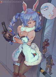Rule 34 | 1girl, animal ear fluff, animal ears, bare shoulders, blue hair, bomb, braid, breasts, carrot, cutesexyrobutts, drill hair, explosive, eyebrows, food-themed hair ornament, hair ornament, highres, hololive, leotard, metal gear (series), metal gear solid 2: sons of liberty, pantyhose, playboy bunny, rabbit, rabbit ears, rabbit girl, rabbit tail, red eyes, smug, soldier, tail, thick eyebrows, thighs, twin braids, twin drills, usada pekora, usada pekora (1st costume), virtual youtuber, watermark, web address, white hair
