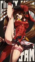 Rule 34 | 1girl, abs, absurdres, arc system works, big hair, breasts, brown eyes, brown hair, character name, chinese clothes, commentary, covered navel, detached sleeves, dress, english commentary, guilty gear, guilty gear xrd, hair ornament, hair tubes, hairclip, high kick, highres, impossible clothes, impossible dress, kicking, kneepits, kuradoberi jam, large breasts, lips, long hair, makeup, mascara, microdress, monori rogue, nose, panties, pantyshot, parted bangs, red dress, skin tight, solo, thick eyebrows, thigh strap, thighs, underwear, very long hair, white panties