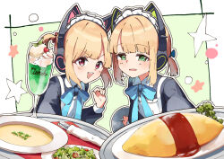 Rule 34 | 2girls, :d, animal ear headphones, animal ears, ankaketomato, apron, black dress, blonde hair, blue archive, blue bow, blue bowtie, bow, bowtie, cat ears, cherry, collared dress, commentary request, cup, dress, drinking glass, fake animal ears, food, food request, frills, fruit, green eyes, hand up, headphones, heads together, highres, holding, ice cream, ice cream float, ketchup, lettuce, long sleeves, looking at viewer, maid headdress, melon soda, midori (blue archive), midori (maid) (blue archive), momoi (blue archive), momoi (maid) (blue archive), multiple girls, omelet, omurice, open mouth, outline, pink eyes, plate, salad, sauce, short hair, siblings, sisters, smile, sparkle, star (symbol), tray, upper body, white apron, white outline