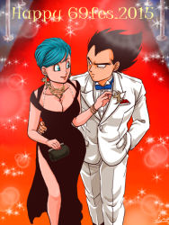 Rule 34 | 1boy, 1girl, 2015, arm around waist, bag, black dress, black hair, blue eyes, blue hair, bow, bowtie, breasts, bulma, cleavage, curvy, dragon ball, dress, earrings, evening gown, eye contact, eyebrows, facing viewer, feet out of frame, formal, hand in pocket, handbag, husband and wife, jewelry, karasuma raul, long dress, looking at another, medium breasts, narrow waist, short hair, side slit, standing, suit, traditional bowtie, vegeta, white suit