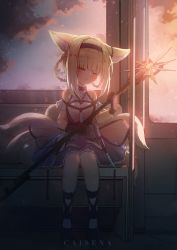 Rule 34 | 1girl, absurdres, animal ear fluff, animal ears, arknights, artist name, bag, bare shoulders, belt, blonde hair, blush, breasts, brown belt, caisena, closed eyes, dress, dusk, fox ears, fox tail, gloves, handbag, highres, holding, holding weapon, multiple tails, short hair, sitting, sleeping, small breasts, solo, suzuran (arknights), tail, train interior, weapon, white legwear