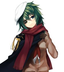 Rule 34 | 10s, 1girl, beret, blush, brown gloves, cardigan, cloak, closed mouth, eyepatch, fringe trim, gloves, green eyes, green hair, hair between eyes, hat, highres, kantai collection, kiso (kancolle), long hair, looking at viewer, red scarf, scarf, shiorinda, simple background, smile, solo, upper body, white background, white hat