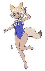 Rule 34 | 1girl, acesrulez, alternate costume, animal ears, bare arms, bare legs, bare shoulders, barefoot, blonde hair, blue one-piece swimsuit, coyote (kemono friends), extra ears, full body, hair between eyes, kemono friends, navel, one-piece swimsuit, one eye closed, school uniform, short hair, solo, swimsuit, tail, tan, white hair, wolf ears, wolf girl, wolf tail, yellow eyes