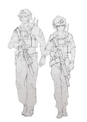 Rule 34 | 1boy, 1girl, ammunition pouch, assault rifle, beard, boots, closed mouth, ear protection, facial hair, full body, greyscale, gun, helmet, highres, knee pads, load bearing vest, long sleeves, looking ahead, looking to the side, m4 carbine, magazine (weapon), mature male, military operator, monochrome, original, pen guin15, pouch, rifle, short hair, short sleeves, simple background, sketch, suppressor, trigger discipline, weapon