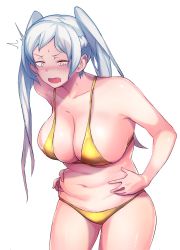 Rule 34 | alternate breast size, belly, belly grab, bikini, breasts, embarrassed, fire emblem, fire emblem awakening, highres, large breasts, messatsu tan, nintendo, plump, robin (female) (fire emblem), robin (fire emblem), swimsuit, twintails, weight conscious, white hair