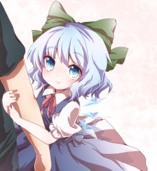 Rule 34 | 1boy, 1girl, arm grab, arm hug, bad id, bad pixiv id, blue dress, blue eyes, blue hair, blush, bow, cirno, detached wings, dress, hair bow, heart, heart-shaped pupils, hetero, highres, ice, ice wings, kuromame (8gou), puffy sleeves, shirt, short hair, short sleeves, smile, symbol-shaped pupils, touhou, white background, wings