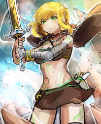 Rule 34 | 1girl, alternate costume, arm tattoo, bandaged arm, bandages, bare shoulders, black choker, blonde hair, bracelet, breasts, brown cape, brown skirt, brown tube top, cape, chest tattoo, choker, cleavage, commentary request, commission, duel monster, green eyes, groin, hatano kiyoshi, highres, holding, holding sword, holding weapon, jewelry, leg tattoo, looking at viewer, medium breasts, midriff, miniskirt, navel, parted lips, partial commentary, pixiv commission, rookie warrior lady, short hair with long locks, sidelocks, skirt, standing, stomach tattoo, strapless, sword, tattoo, tube top, weapon, yu-gi-oh!