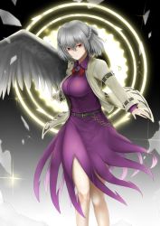 Rule 34 | &gt;:(, 1girl, albino, arm garter, backlighting, bare legs, belt, bow, bowtie, braid, breasts, broken glass, brooch, closed mouth, cowboy shot, dress, feathered wings, french braid, frown, glass, gnlo, grey hair, half updo, highres, jacket, jewelry, juliet sleeves, kishin sagume, large breasts, long sleeves, looking at viewer, open clothes, open jacket, puffy sleeves, purple dress, red bow, red bowtie, red eyes, serious, short dress, short hair, single wing, solo, standing, thighs, touhou, v-shaped eyebrows, white wings, wings