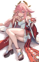 Rule 34 | 1girl, blush, breasts, closed mouth, detached sleeves, genshin impact, high heels, highres, hopepe, knees together feet apart, long hair, long sleeves, looking at viewer, lying, medium breasts, on side, pink hair, pink nails, purple eyes, sandals, smile, solo, yae miko