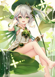 Rule 34 | 1girl, :d, aranara (genshin impact), backlighting, bare shoulders, barefoot, commentary request, cross-shaped pupils, day, dress, feet out of frame, genshin impact, gradient hair, green eyes, green hair, green theme, grey hair, hair between eyes, highres, holding, holding leaf, leaf, leaf umbrella, looking at viewer, multicolored hair, nahida (genshin impact), off-shoulder dress, off shoulder, open mouth, outdoors, panties, pointy ears, side ponytail, sitting, smile, soles, solo focus, symbol-shaped pupils, transparent, underwear, water, waterfall, white dress, white panties, yan (nicknikg)