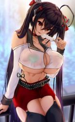 Rule 34 | 1girl, alternate costume, azur lane, bare shoulders, black hair, black thighhighs, blush, bow, breasts, choker, cleavage, collarbone, crop top, crossed bangs, food, hair bow, heart pasties, huge breasts, long hair, long sleeves, looking at viewer, parted lips, pasties, popsicle, red eyes, red skirt, satou daiji, see-through, skirt, smile, solo, taihou (azur lane), thighhighs, thighs, tongue, twintails, underboob