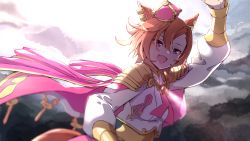 Rule 34 | 1girl, animal ears, arm up, armor, backlighting, blurry, cape, crown, depth of field, ear piercing, highres, horse ears, horse girl, horse tail, looking at viewer, mini crown, nanaheibei 3, open mouth, orange hair, piercing, pink cape, purple eyes, shirt, short hair, shoulder armor, smile, solo, t.m. opera o (umamusume), tail, umamusume, upper body, waving, white shirt