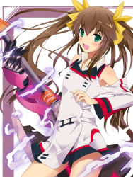 Rule 34 | 0726, 10s, 1girl, bad id, bad pixiv id, bare shoulders, blush, brown hair, fang, female focus, green eyes, hair ribbon, huang lingyin, infinite stratos, long hair, open mouth, ribbon, school uniform, shenlong, smile, solo, twintails, very long hair, weapon, white background