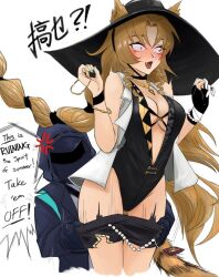 Rule 34 | 1boy, 1girl, arknights, black one-piece swimsuit, blonde hair, cat tail, doctor (arknights), dokonjou (odossan), embarrassed, english text, one-piece swimsuit, swimsuit, swire (arknights), tail