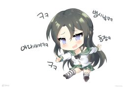 Rule 34 | 1girl, artist name, black bow, black bowtie, black footwear, black hair, black panties, blue eyes, blush, bow, bowtie, bra strap, chibi, commentary request, fairy (girls&#039; frontline), girls&#039; frontline, green sailor collar, green skirt, hair between eyes, highres, kim da-yoon, korean commentary, korean text, long hair, long sleeves, open mouth, panties, pleated skirt, pointing, sailor collar, school uniform, shirt, shoes, simple background, single off shoulder, skirt, smile, smug, solo, striped clothes, striped thighhighs, taunt fairy (girls&#039; frontline), taunting, thighhighs, translation request, twitter username, underwear, white background, white shirt