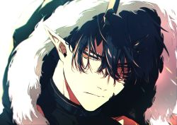 Rule 34 | 1boy, arknights, bishounen, black hair, close-up, flamebringer (arknights), fur collar, hair over eyes, half-closed eyes, horns, jacket, male focus, material growth, orange eyes, oripathy lesion (arknights), pointy ears, portrait, short hair, simple background, solo, tagme, toned, toned male, toriyoshi, white background