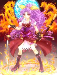 Rule 34 | 1girl, belt, boots, bow, bracelet, breasts, cleavage, dragon, female focus, fingerless gloves, fire, full body, gloves, hair bow, highres, jewelry, katana, long hair, medium breasts, mickey dunn, purple hair, pyrokinesis, red eyes, revision, scabbard, sheath, solo, sword, touhou, watatsuki no yorihime, weapon