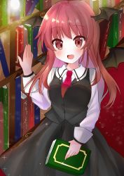 Rule 34 | 1girl, bat wings, black skirt, black vest, blush, book, bookshelf, breasts, collared shirt, commentary request, cowboy shot, doko ka no hosono, head wings, highres, holding, holding book, koakuma, long hair, long sleeves, looking at viewer, medium breasts, necktie, open mouth, red eyes, red hair, red necktie, shirt, skirt, skirt set, smile, solo, touhou, vest, white shirt, wings