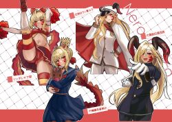 Rule 34 | 2girls, absurdres, ahoge, animal ears, asymmetrical bangs, bare shoulders, black jacket, blonde hair, blue shirt, blue skirt, blush, braid, breasts, cape, character name, cheerleader, crown, dragon tail, elbow gloves, facial mark, fake animal ears, fate/grand order, fate (series), french braid, gloves, grail-kun, hair bun, hair intakes, hair over one eye, hair ribbon, headband, highres, horns, jacket, klash, large breasts, leg up, long hair, long sleeves, looking at viewer, miniskirt, multiple girls, multiple views, nero claudius (fate), nero claudius (fate) (all), outstretched arm, panties, pants, pointy ears, pom pom (cheerleading), queen draco (fate), queen draco (first ascension) (fate), queen draco (third ascension) (fate), red eyes, red panties, red ribbon, red skirt, ribbon, sailor collar, shirt, skirt, small breasts, sports bra, stuffed toy, tail, thighhighs, thighs, translation request, underwear, white cape, white gloves, white jacket