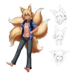 Rule 34 | 1girl, absurdres, animal ears, backpack, bag, ball gag, barefoot, blonde hair, blue eyes, breasts, expressions, fox ears, fox tail, full body, furrowed brow, gag, gag around neck, unworn gag, groin, hands on own hips, highres, less, looking at viewer, multiple tails, multiple views, navel, no bra, no panties, open clothes, open shirt, original, pants, sharp toenails, shirt, small breasts, tail, tan, tanline, teeth, toenails, wiffle gag