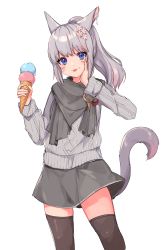 Rule 34 | 1girl, :3, :p, absurdres, animal ears, warrior of light (ff14), black thighhighs, blue eyes, cat ears, cat girl, cat tail, facial mark, final fantasy, final fantasy xiv, flower, food, grey hair, grey scarf, grey skirt, grey sweater, hair flower, hair ornament, hand on own cheek, hand on own face, highres, ice cream, ice cream cone, long sleeves, looking at viewer, medium hair, miniskirt, miqo&#039;te, multicolored hair, pink hair, ponytail, scarf, simple background, skirt, streaked hair, sweater, tail, tenko (tenkokon), thighhighs, tongue, tongue out, two-tone hair, whisker markings, white background, zettai ryouiki