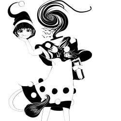 Rule 34 | 1girl, book, capelet, closed mouth, disembodied head, doremy sweet, from51572962, greyscale, hat, high contrast, holding, holding book, holding head, looking at viewer, monochrome, nightcap, pom pom (clothes), short hair, simple background, solo, tail, tapir tail, touhou