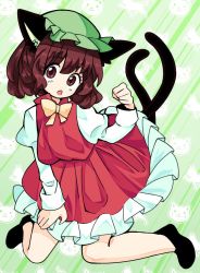 Rule 34 | 1girl, :o, animal ear fluff, animal ears, bow, bowtie, breasts, brown eyes, brown hair, cat ears, cat tail, chen, dress, full body, green background, green hat, hair between eyes, hand up, hanokami, hat, kneeling, looking at viewer, medium breasts, medium hair, mob cap, multiple tails, nekomata, open mouth, paw pose, petticoat, red dress, simple background, solo, tail, touhou, two tails, yellow bow, yellow bowtie
