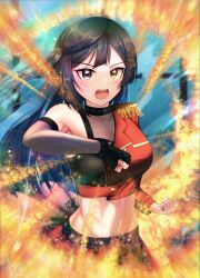 Rule 34 | 1girl, absurdres, black gloves, black hair, breasts, bright09, check commentary, cleavage, clenched hands, collarbone, commentary, commentary request, dive! (love live!), fingerless gloves, fire, gloves, grey eyes, highres, long hair, love live!, love live! nijigasaki high school idol club, medium breasts, midriff, navel, one side up, sidelocks, signature, single sleeve, solo, upper body, yuki setsuna (love live!)