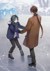 2boys aqua_hair black_footwear black_hair black_jacket black_pants brown_gloves brown_hair brown_jacket earrings facial_mark forehead_mark fur-trimmed_jacket fur_trim genshin_impact gloves green_gloves green_scarf hair_between_eyes hair_ornament ice_skates ice_skating jacket jewelry long_hair long_sleeves male_focus multicolored_hair multiple_boys pants ponytail scarf shirt shoes short_hair single_earring skates skating slime_(genshin_impact) sneakers snow tassel tassel_earrings white_shirt xiao_(genshin_impact) yellow_eyes z6097941463034z zhongli_(genshin_impact)